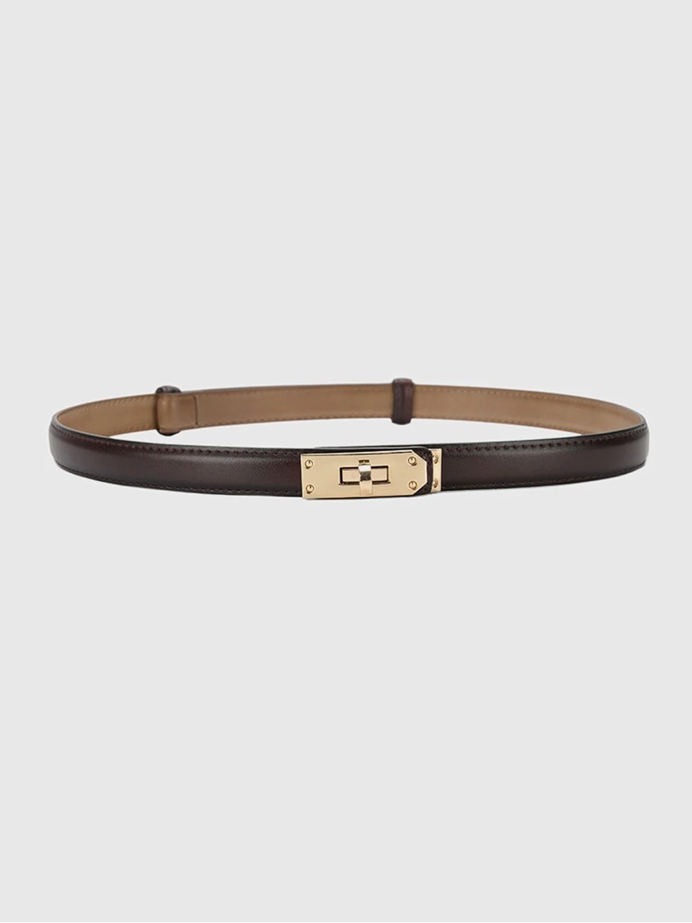 Commense Slim Dark Brown Leather Belt with Gold Turn-Lock